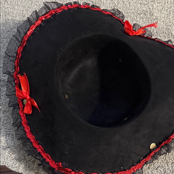Black Tricorn Hat with Red Ribbon Trim - Picture 5 of 5